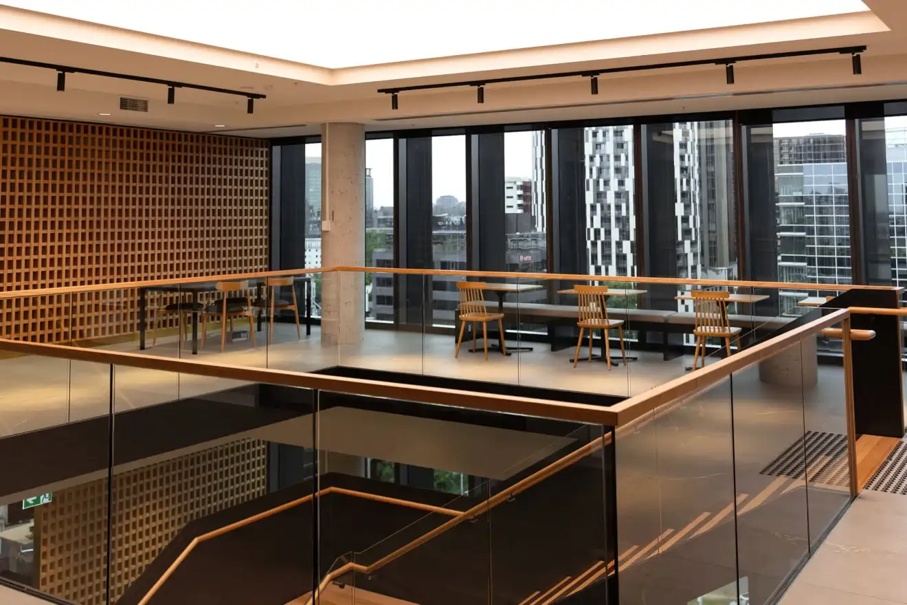 Two-level atrium with feature lighting at the Acciona head office, South Melbourne