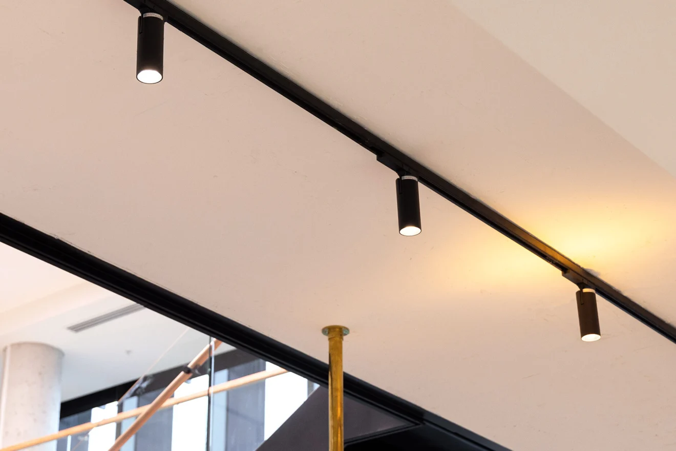 Black track lighting along a curved ceiling at the Acciona head office