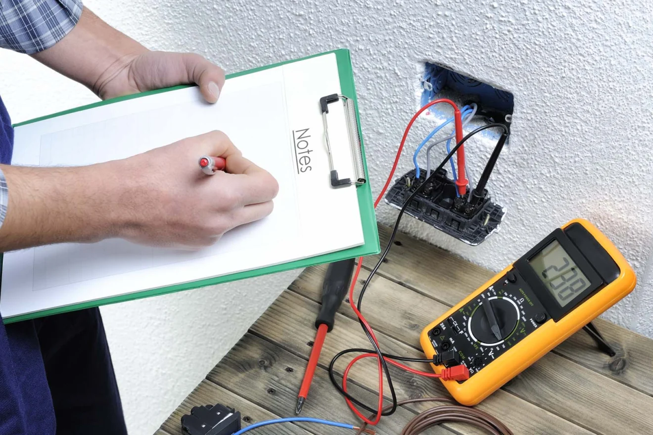 Electrician noting multimeter readings from an open power point